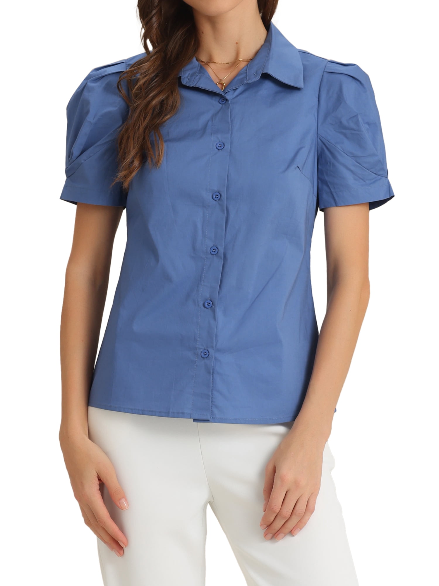 DARING DIVA Women's Puff Sleeve Turn Down Collared Work Office Button Down Shirt L Blue