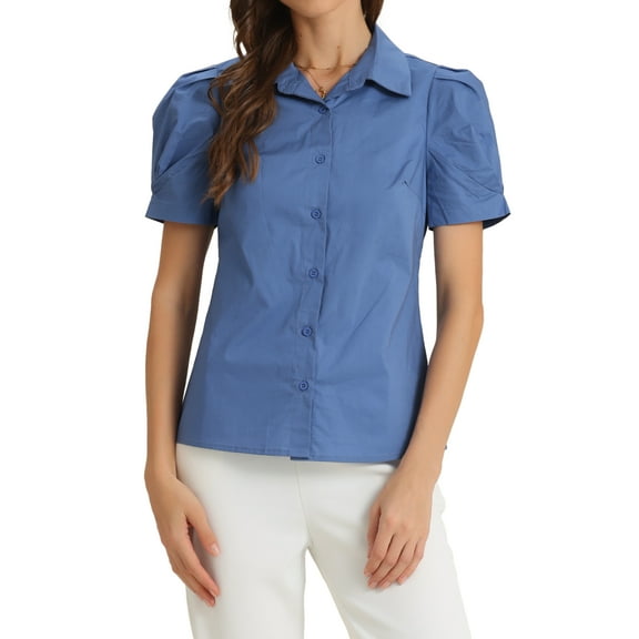 DARING DIVA Women's Puff Sleeve Turn Down Collared Work Office Button Down Shirt S Blue