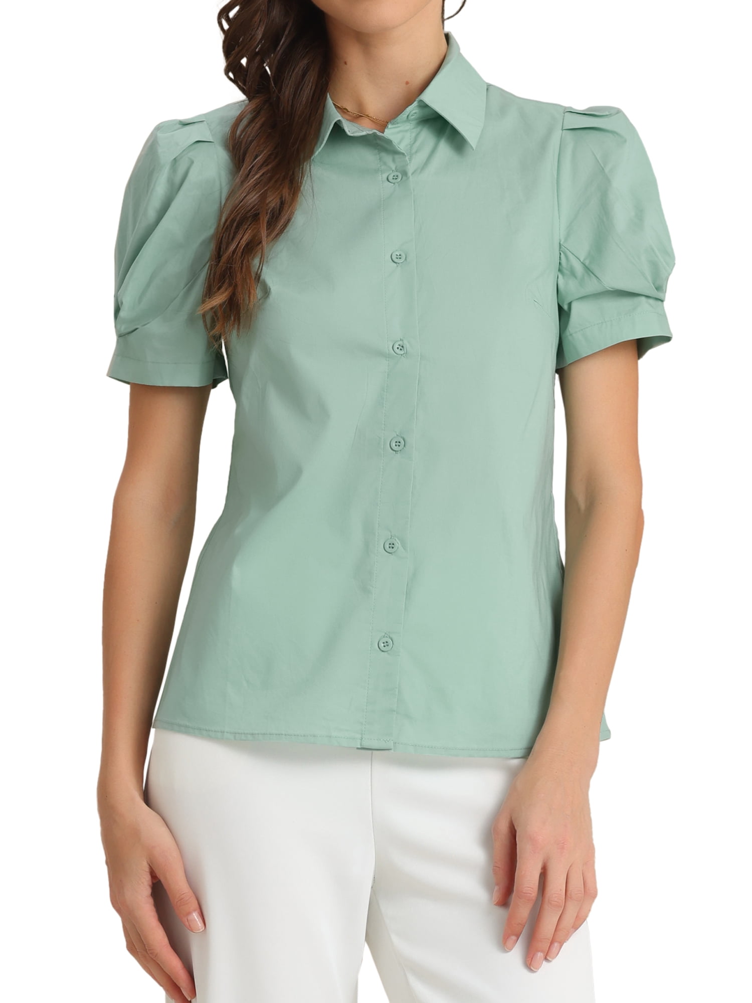 DARING DIVA Women's Puff Sleeve Turn Down Collared Work Office Button Down Shirt S Green