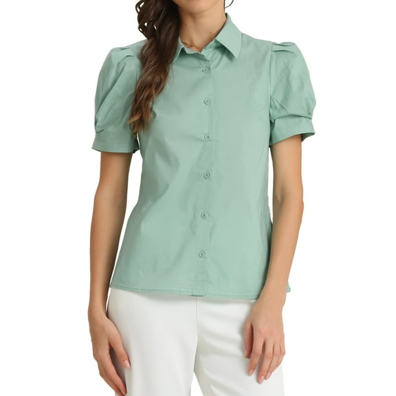 DARING DIVA Women's Puff Sleeve Turn Down Collared Work Office Button Down Shirt XL Green