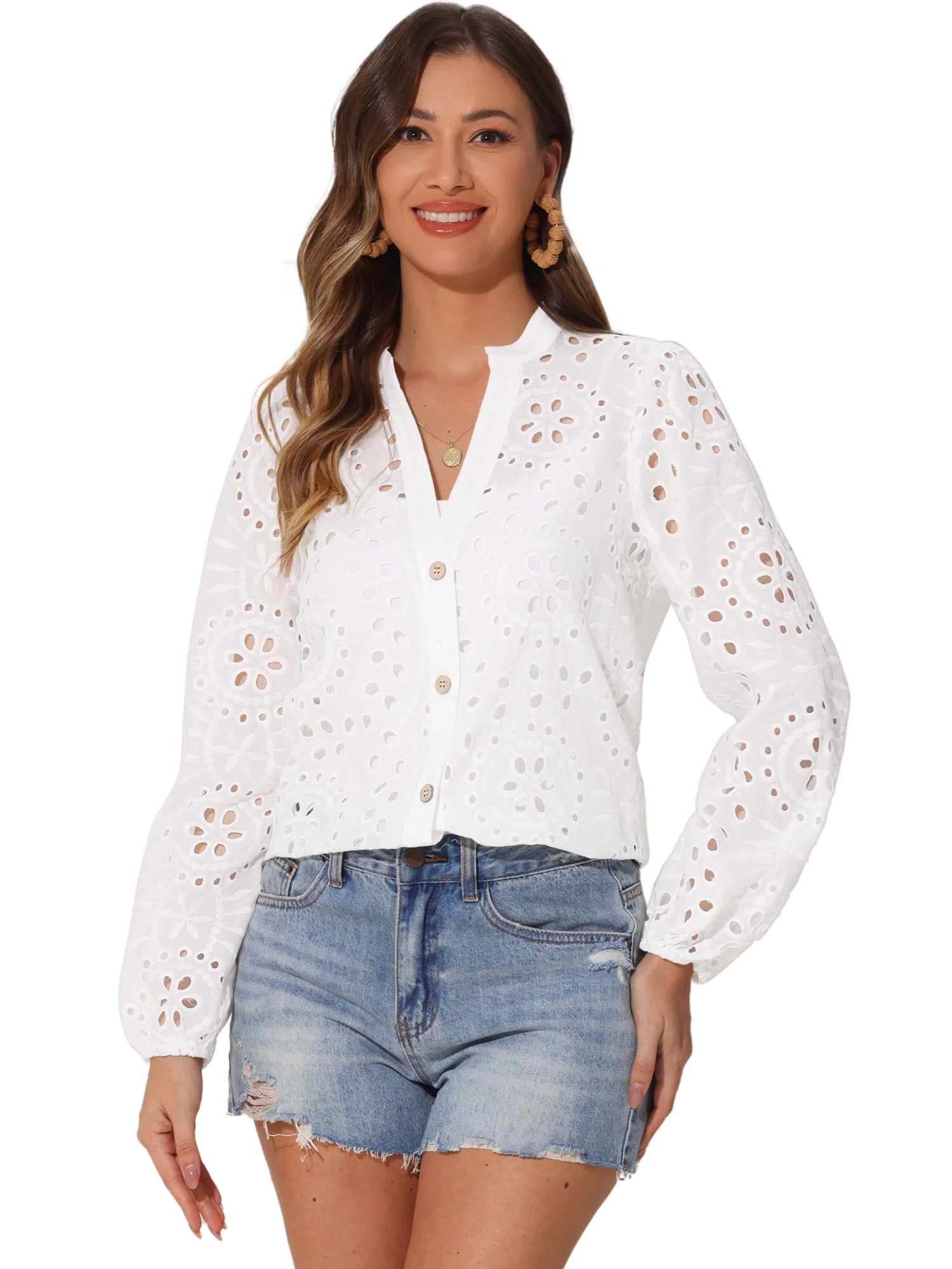 DARING DIVA Women's Puff Sleeve V Neck Hollow Out Blouse XS White
