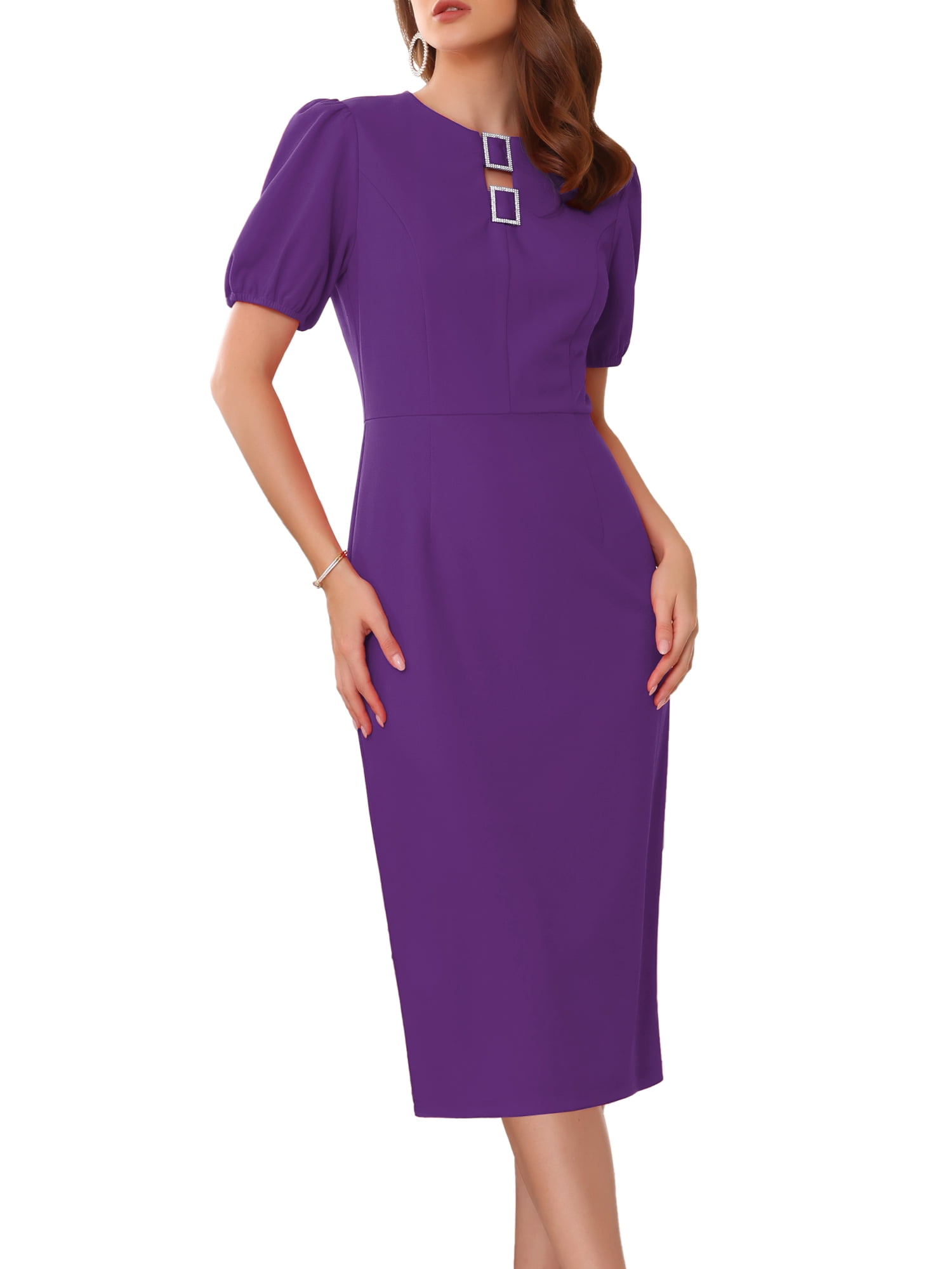 DARING DIVA Women's Puff Sleeve Wedding Guest Cocktail Midi Sheath Dress 2XL Purple