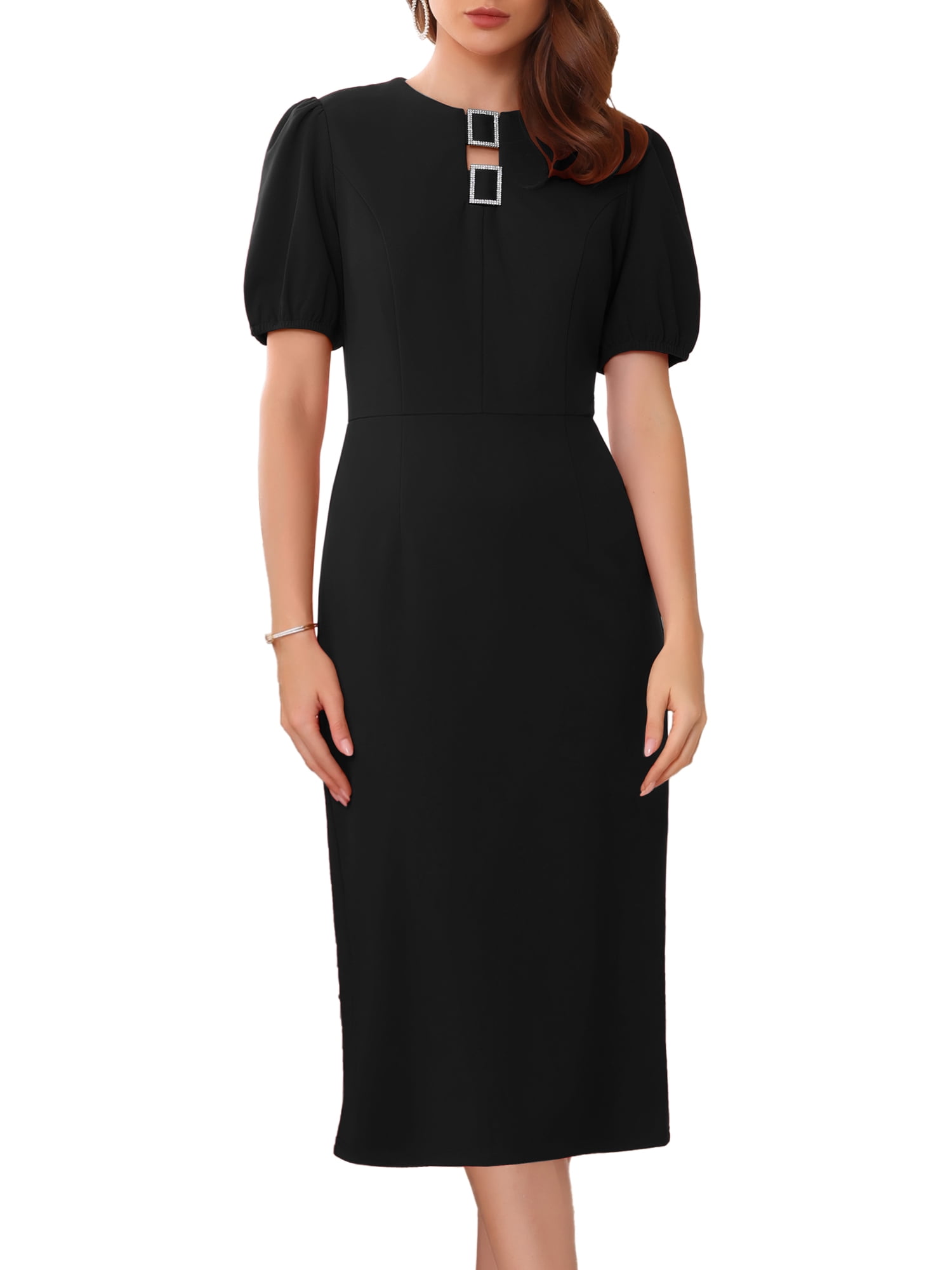 DARING DIVA Women's Puff Sleeve Wedding Guest Cocktail Midi Sheath Dress M Black
