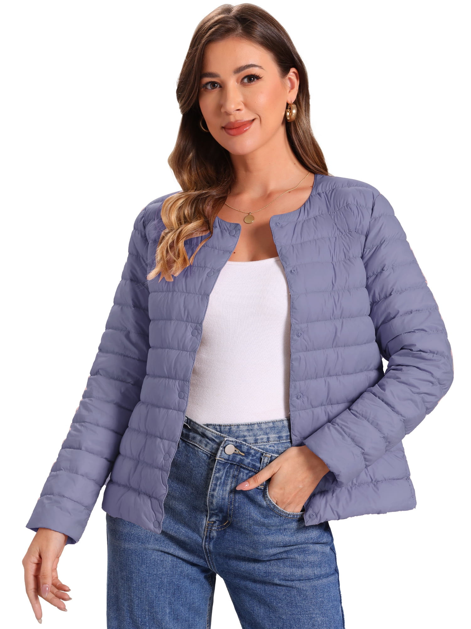 DARING DIVA Women's Puffer Lightweight  Packable Long Sleeve Coat M Grey Blue