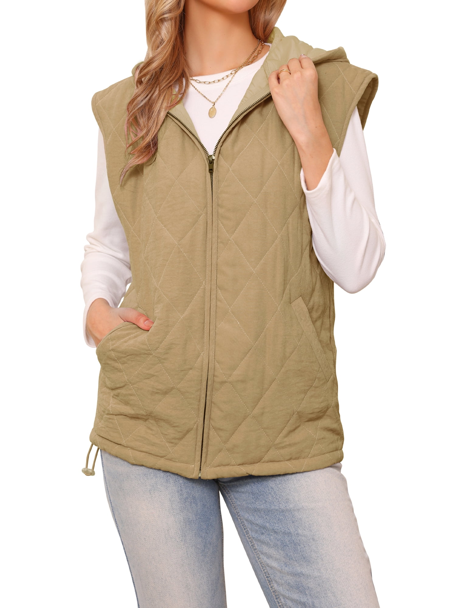 DARING DIVA Women's Puffer Quilted Vest Sleeveless Winter Gilet Zipper Jacket XS Khaki