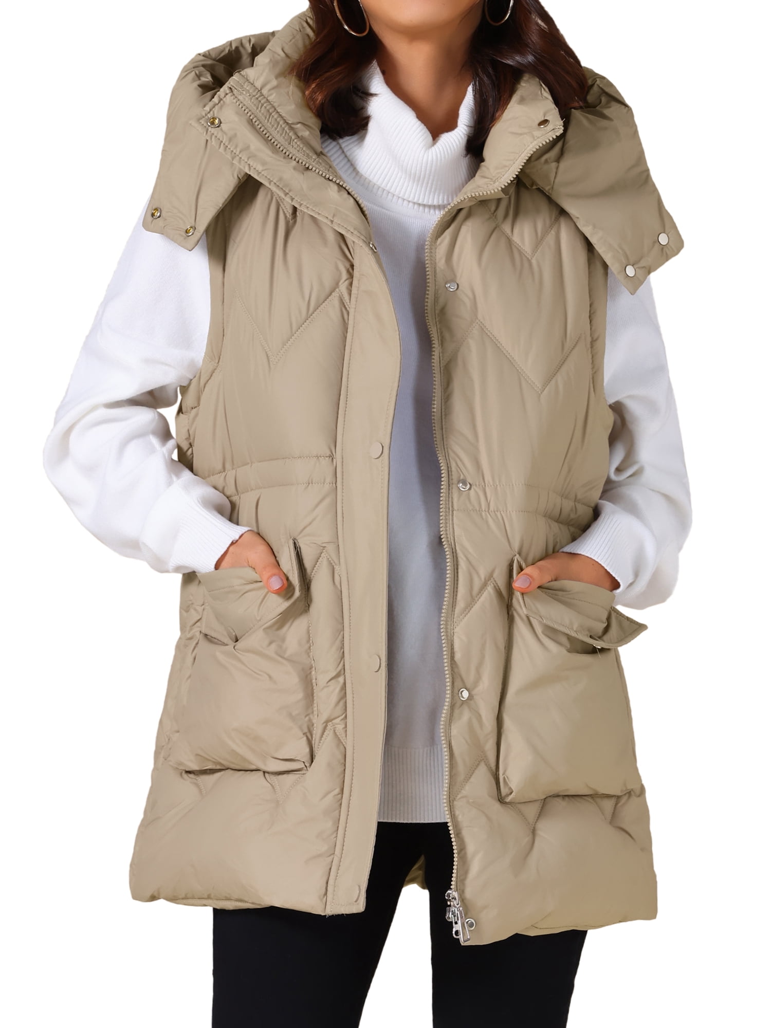 DARING DIVA Women's Puffer Vest Coat Hooded Zip Up Long Sleeveless Jacket M Khaki
