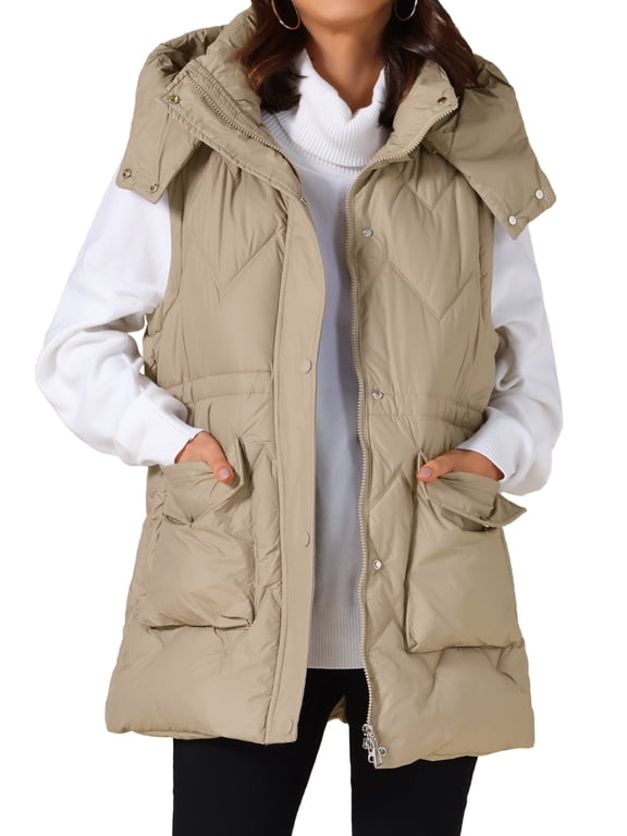 Women's Puffer Vest Coat Hooded Zip Up Long Sleeveless Jacket M Khaki