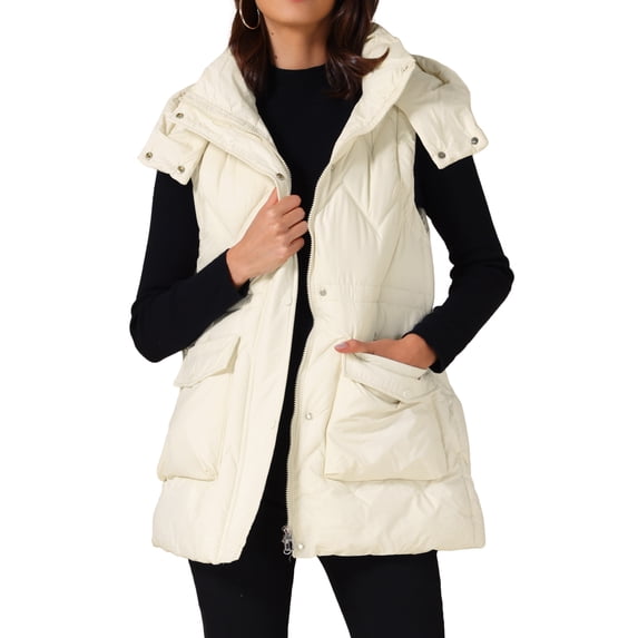 DARING DIVA Women's Puffer Vest Coat Hooded Zip Up Long Sleeveless Jacket M White
