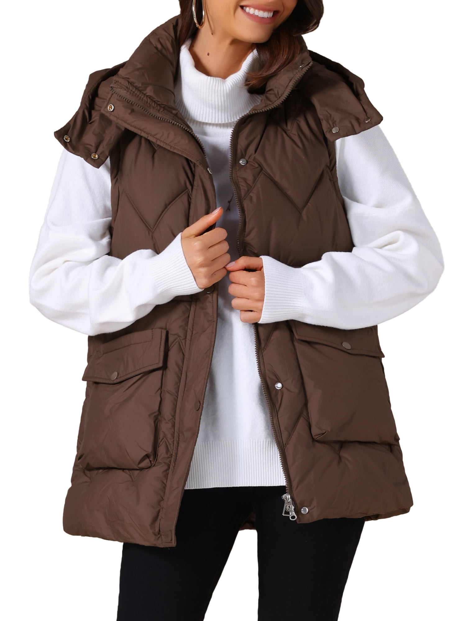 DARING DIVA Women's Puffer Vest Coat Hooded Zip Up Long Sleeveless Jacket S Coffee