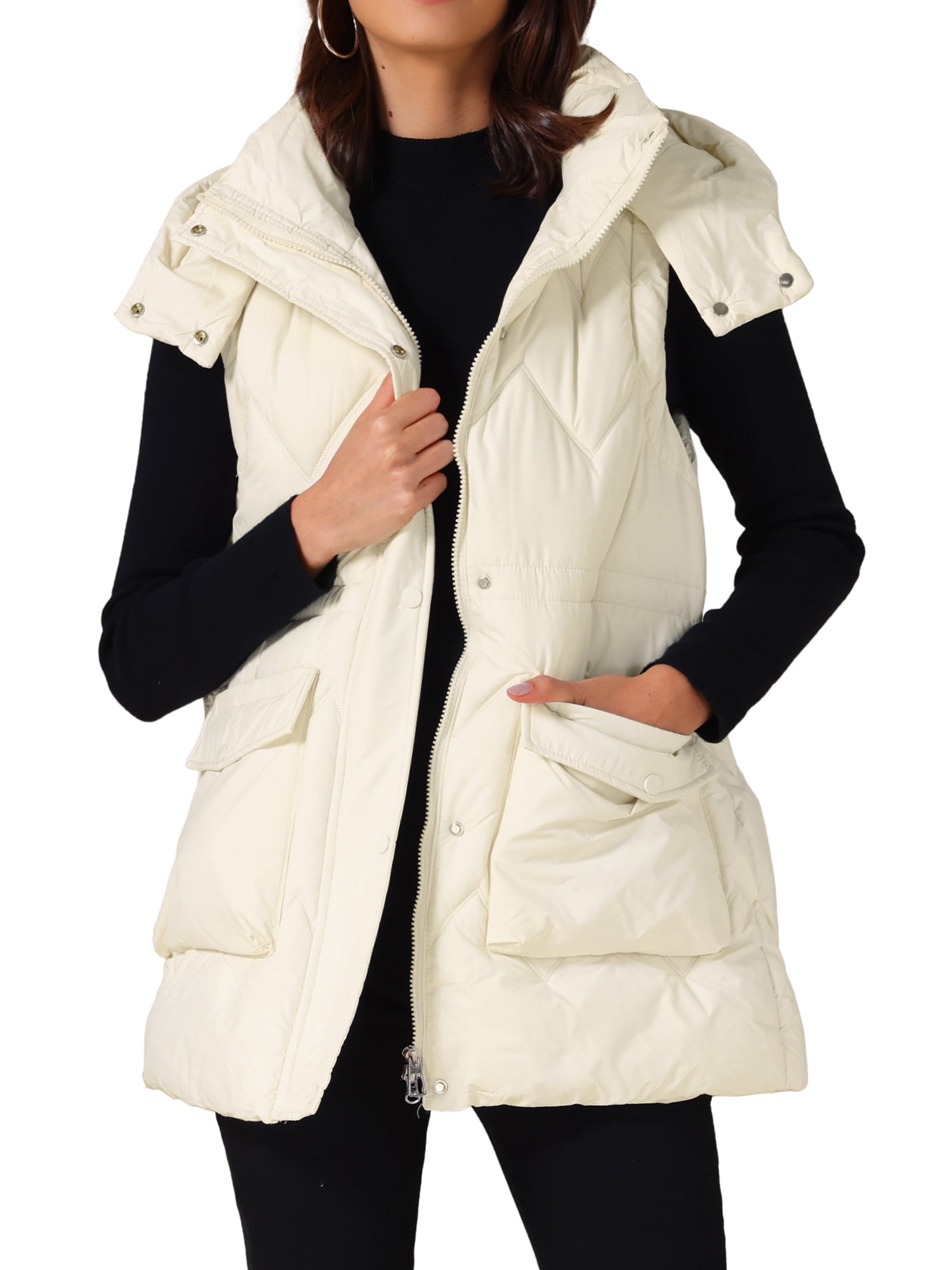 DARING DIVA Women's Puffer Vest Coat Hooded Zip Up Long Sleeveless Jacket S White