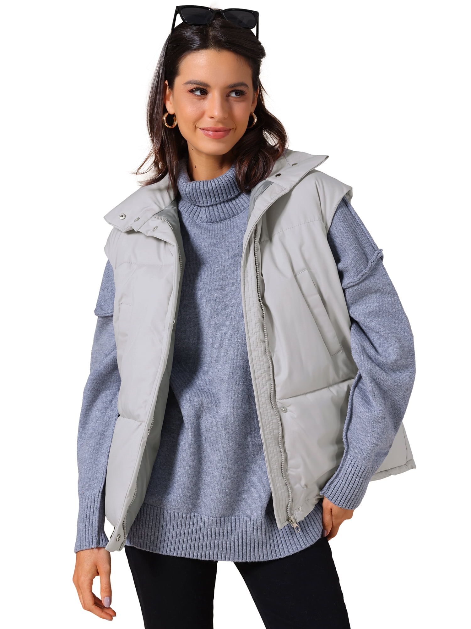 DARING DIVA Women's Puffer Vest Stand Collar Sleeveless Lightweight Jacket S Gray