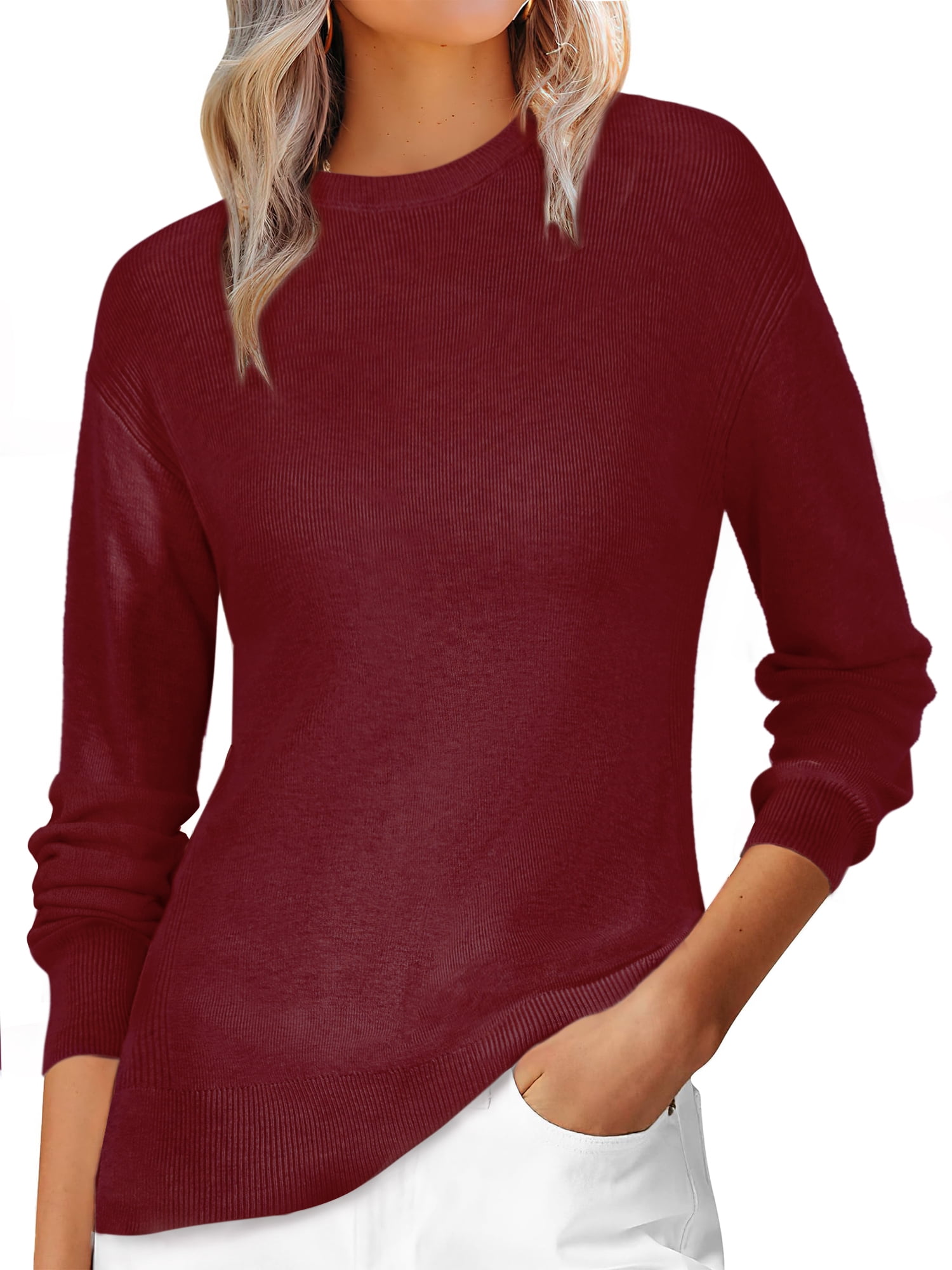 DARING DIVA Women's Pullover Long Sleeve Crew Neck Knit Sweater Tops XS Wine Red
