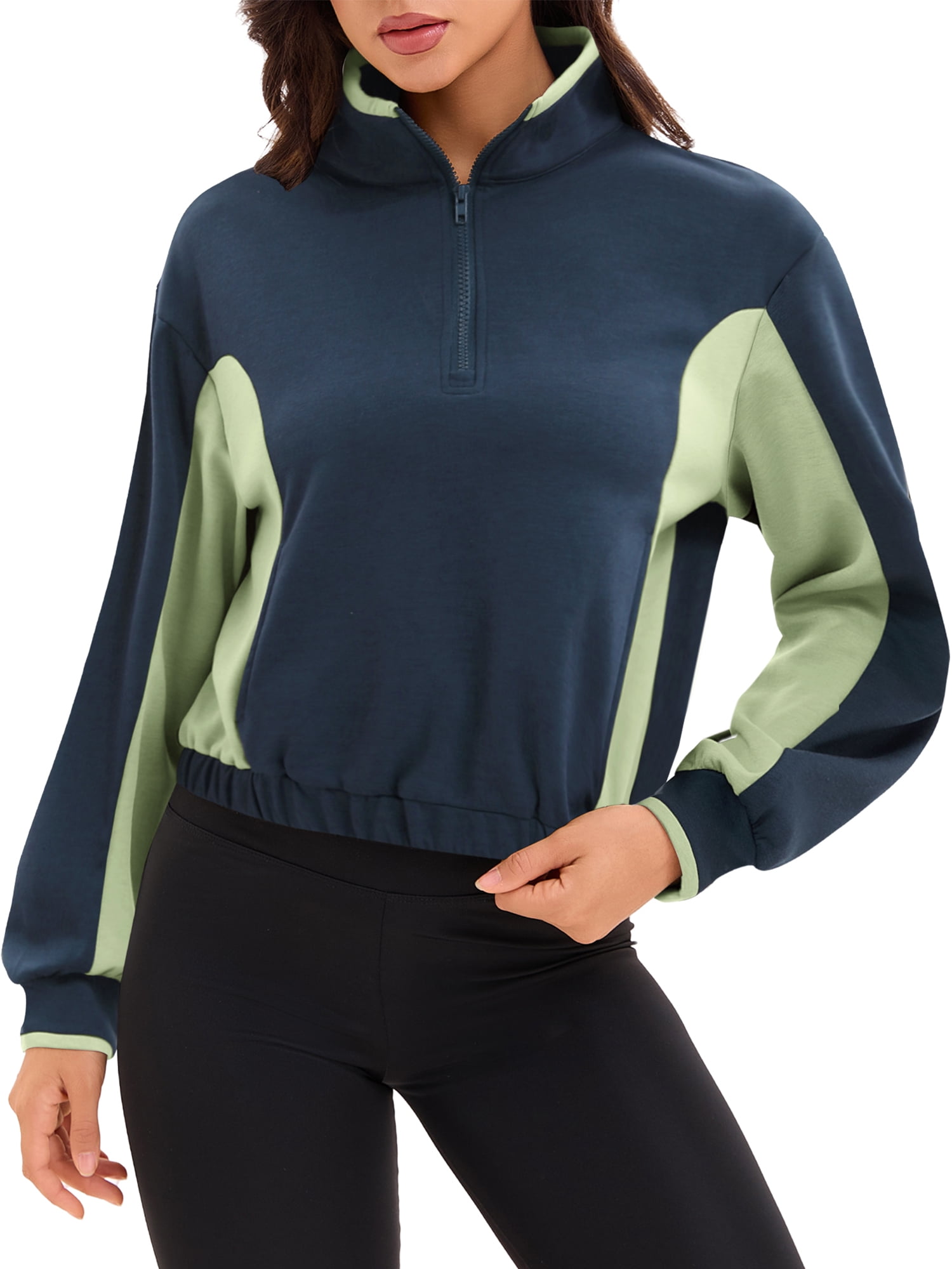 DARING DIVA Women's Quarter Zip Pullover Cropped Sweatshirt L Navy Blue Green