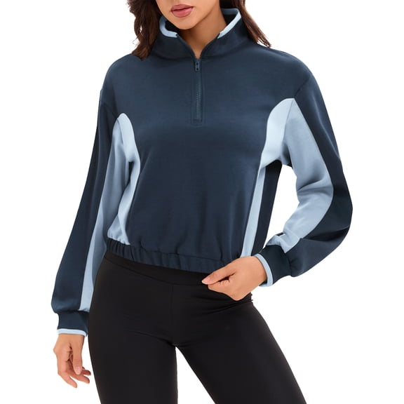 DARING DIVA Women's Quarter Zip Pullover Cropped Sweatshirt L Navy Blue Light Blue