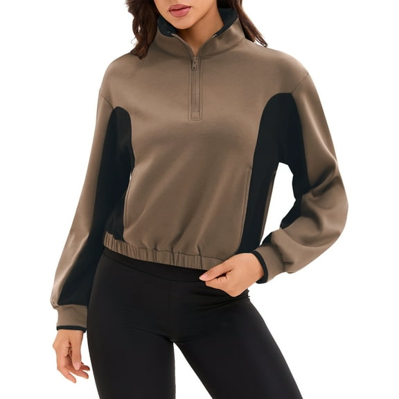 DARING DIVA Women's Quarter Zip Pullover Cropped Sweatshirt M Brown Black