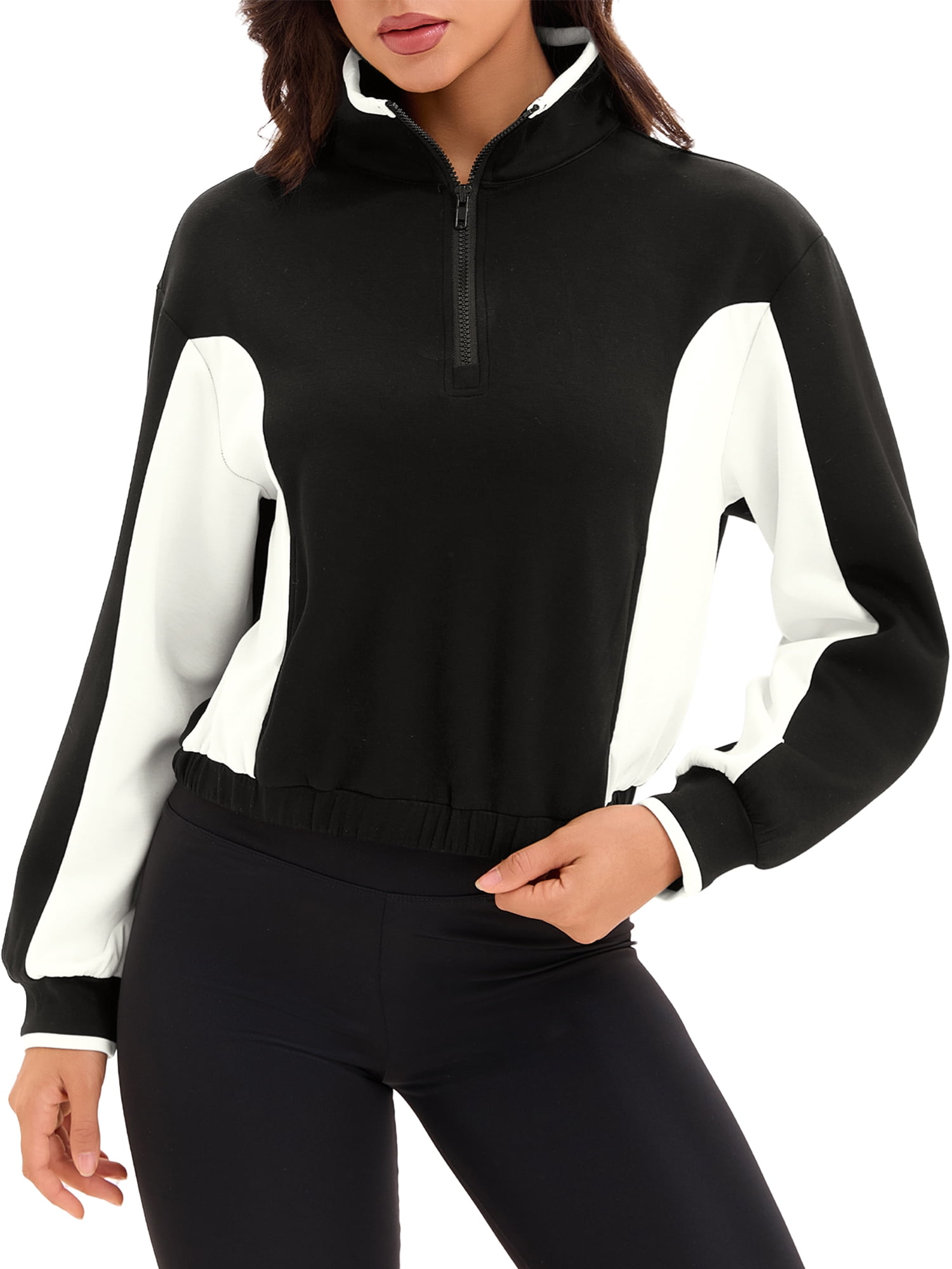 DARING DIVA Women's Quarter Zip Pullover Cropped Sweatshirt S Black White