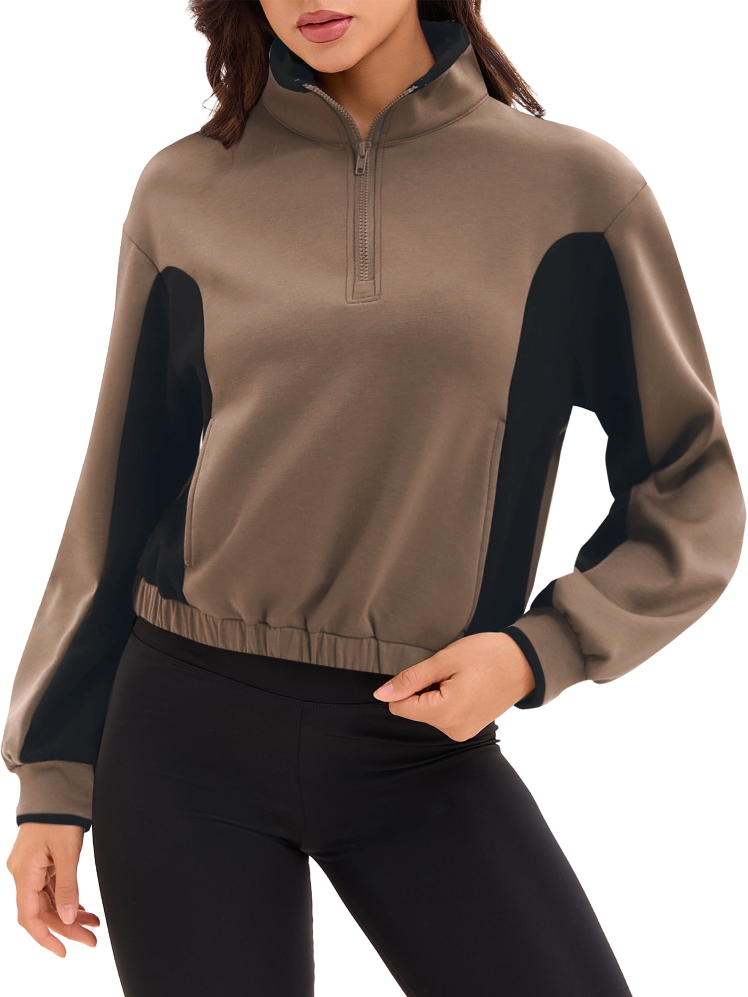 DARING DIVA Women's Quarter Zip Pullover Cropped Sweatshirt XL Brown Black
