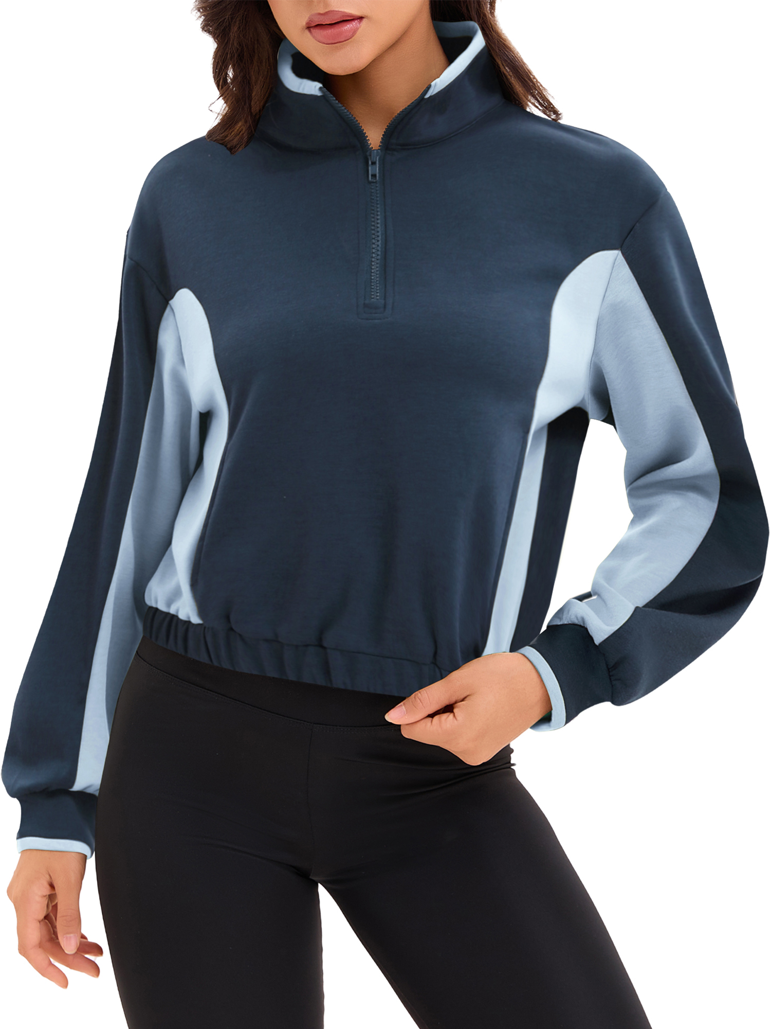 DARING DIVA Women's Quarter Zip Pullover Cropped Sweatshirt XL Navy Blue Light Blue