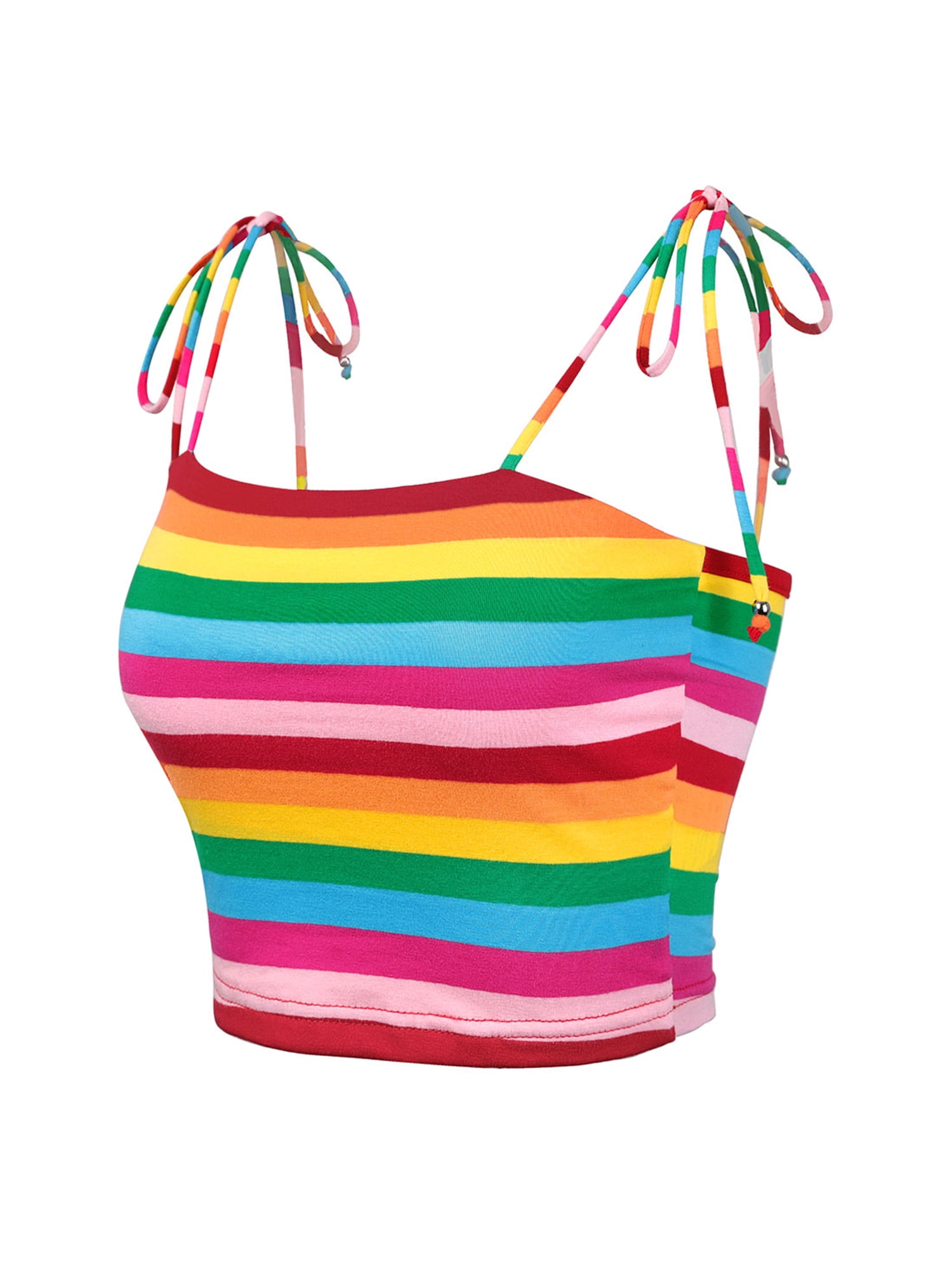 DARING DIVA Women's Rainbow Striped Tie Crop Top 3XL Pink