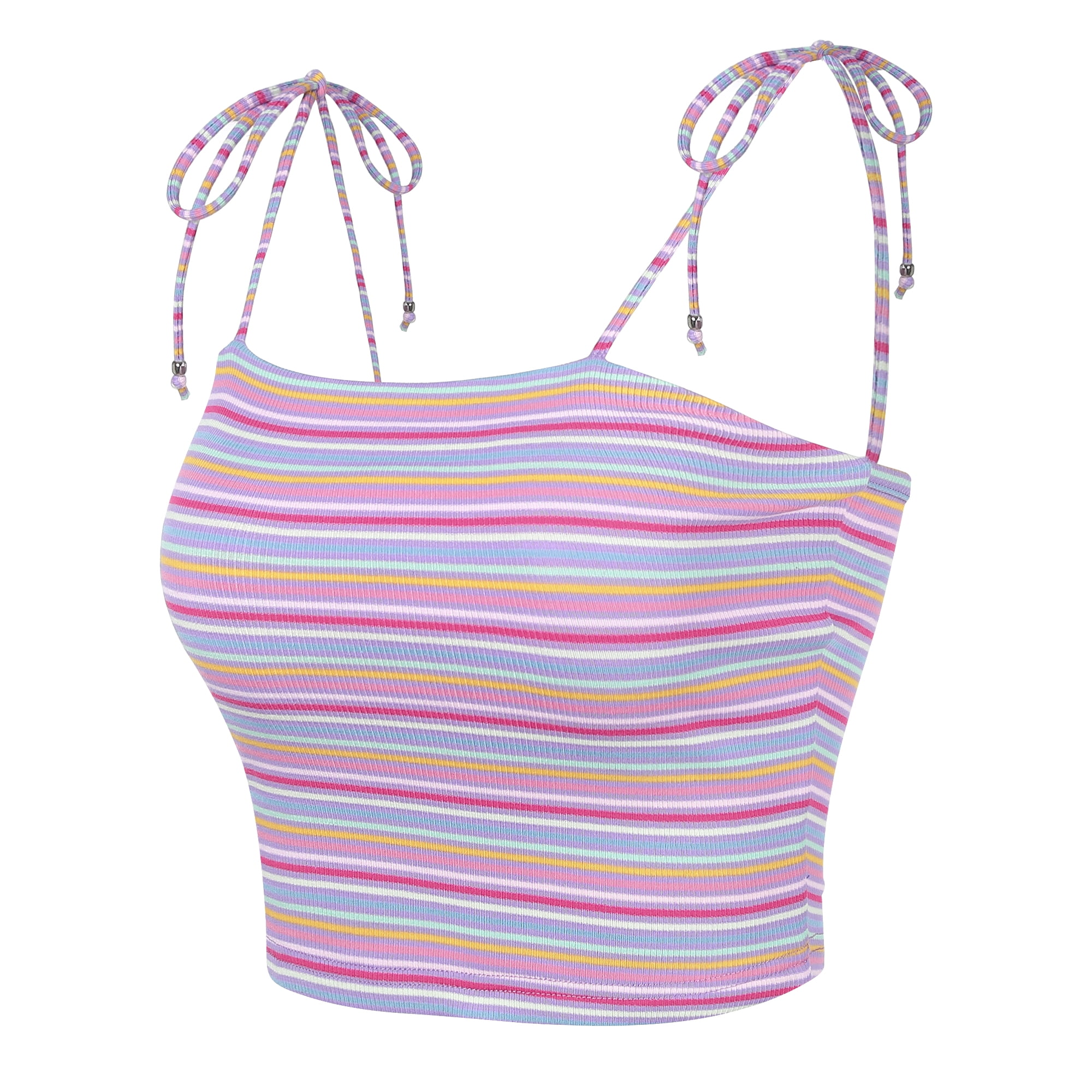 DARING DIVA Women's Rainbow Striped Tie Crop Top M Multicolor Lavender