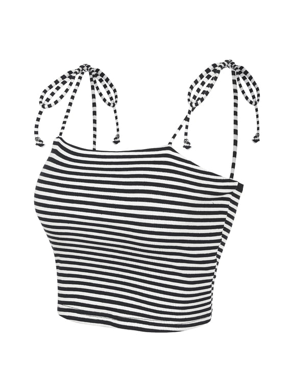 Women's Rainbow Striped Tie Spaghetti Strap Crop Top S Black White