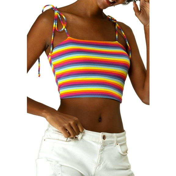 DARING DIVA Women's Rainbow Striped Tie Spaghetti Strap Crop Top XL Multicolor Purple