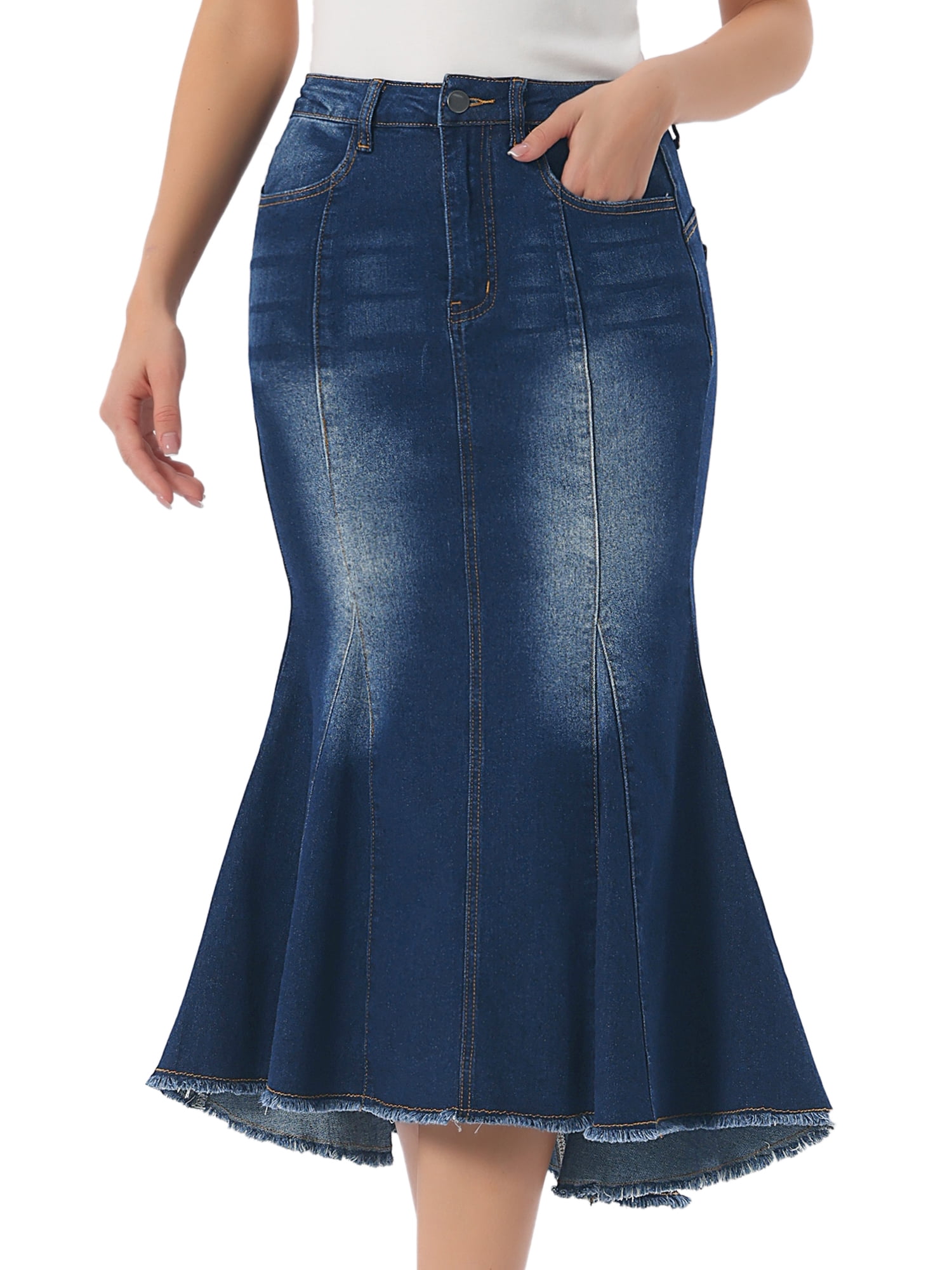 DARING DIVA Women's Raw Hem Fishtail Midi Skirt with Pockets L Black Blue