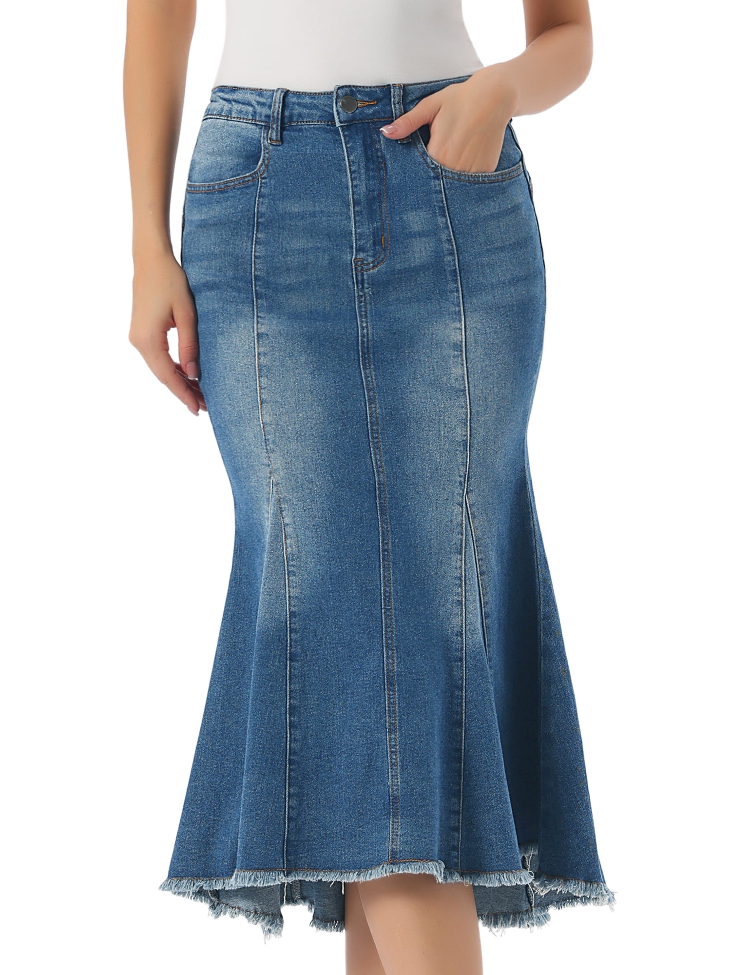 DARING DIVA Women's Raw Hem Fishtail Midi Skirt with Pockets Large Dark Blue