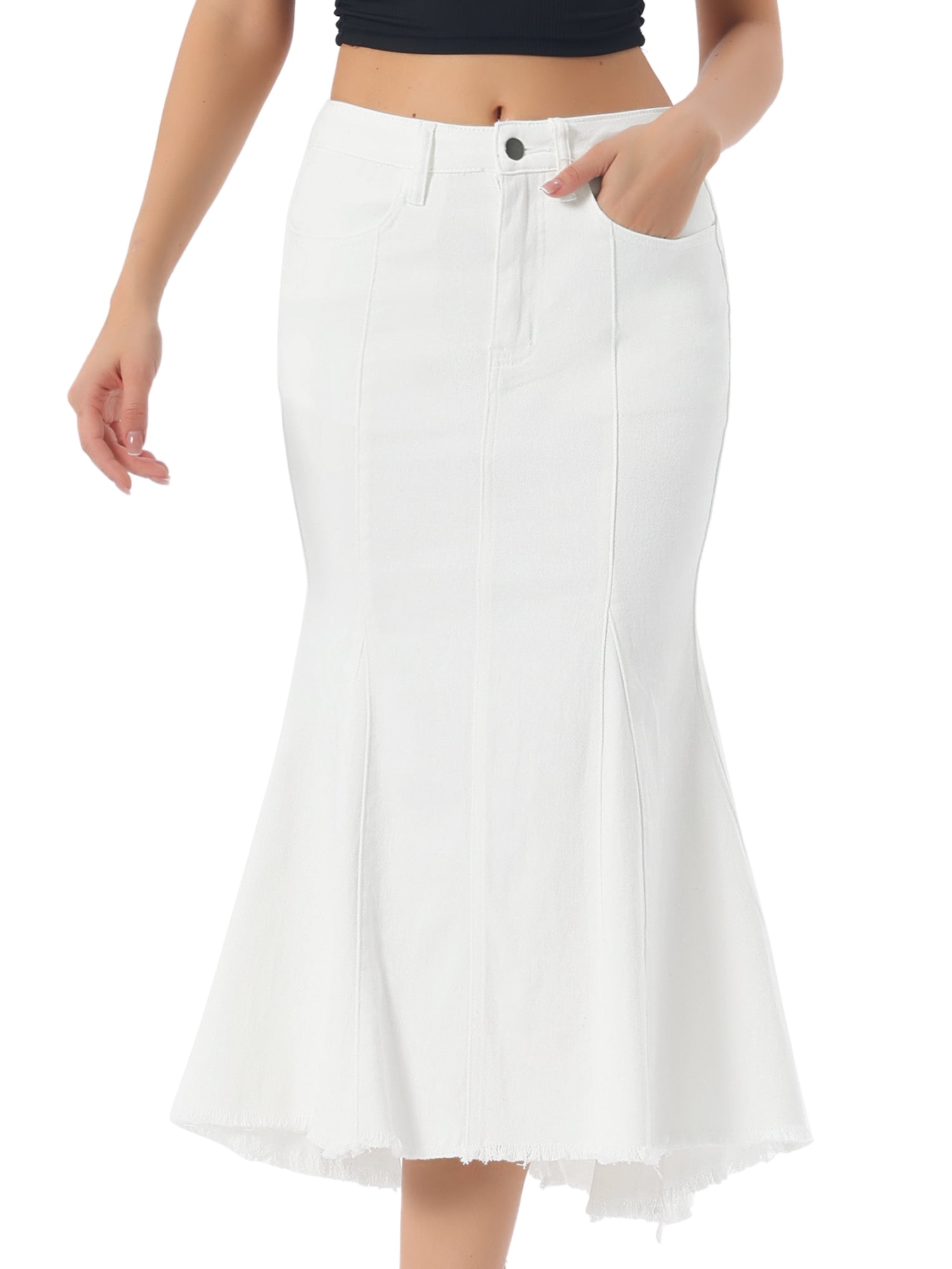 DARING DIVA Women's Raw Hem Fishtail Midi Skirt with Pockets Large White