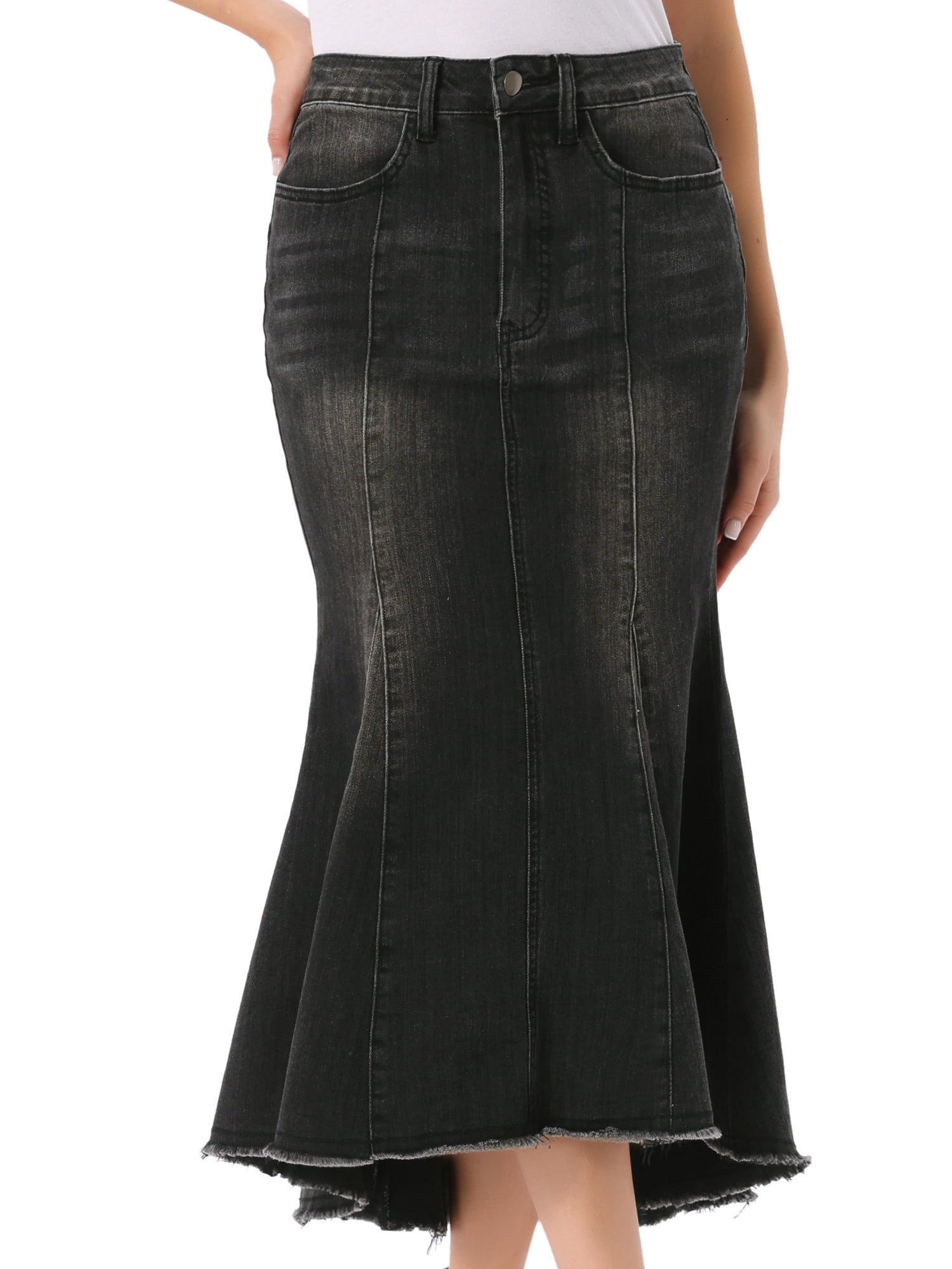 DARING DIVA Women's Raw Hem Fishtail Midi Skirt with Pockets S Grey