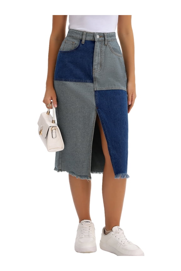 Women's Raw Hem Midi Jean Skirts with Slit Medium Blue