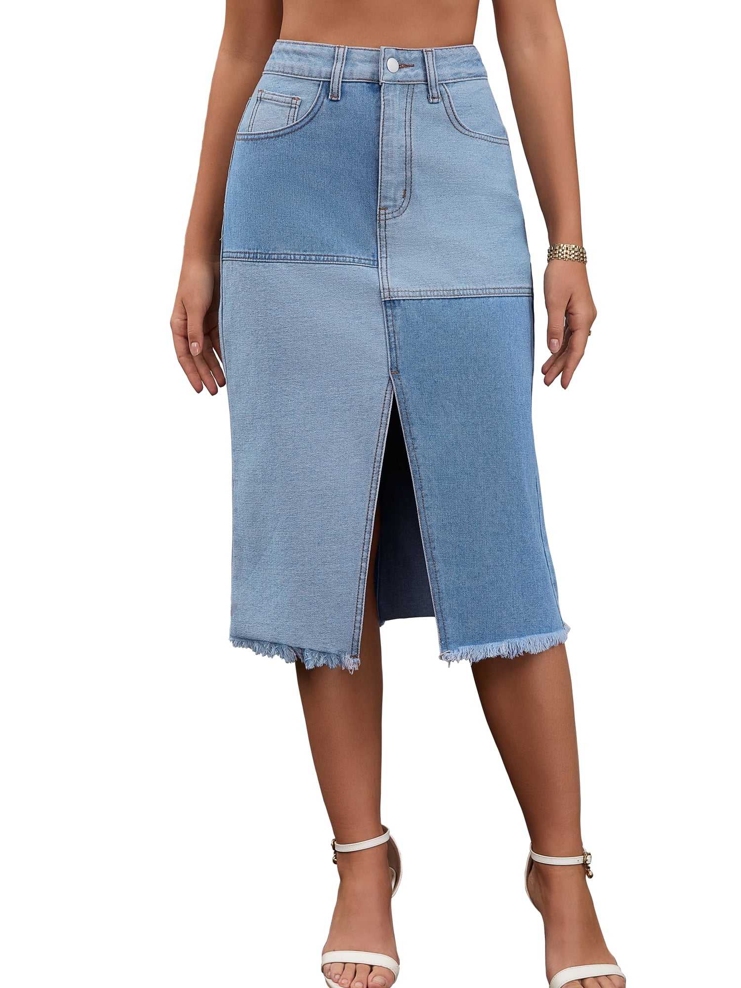 DARING DIVA Women's Raw Hem Midi Jean Skirts with Slit Small Light Blue