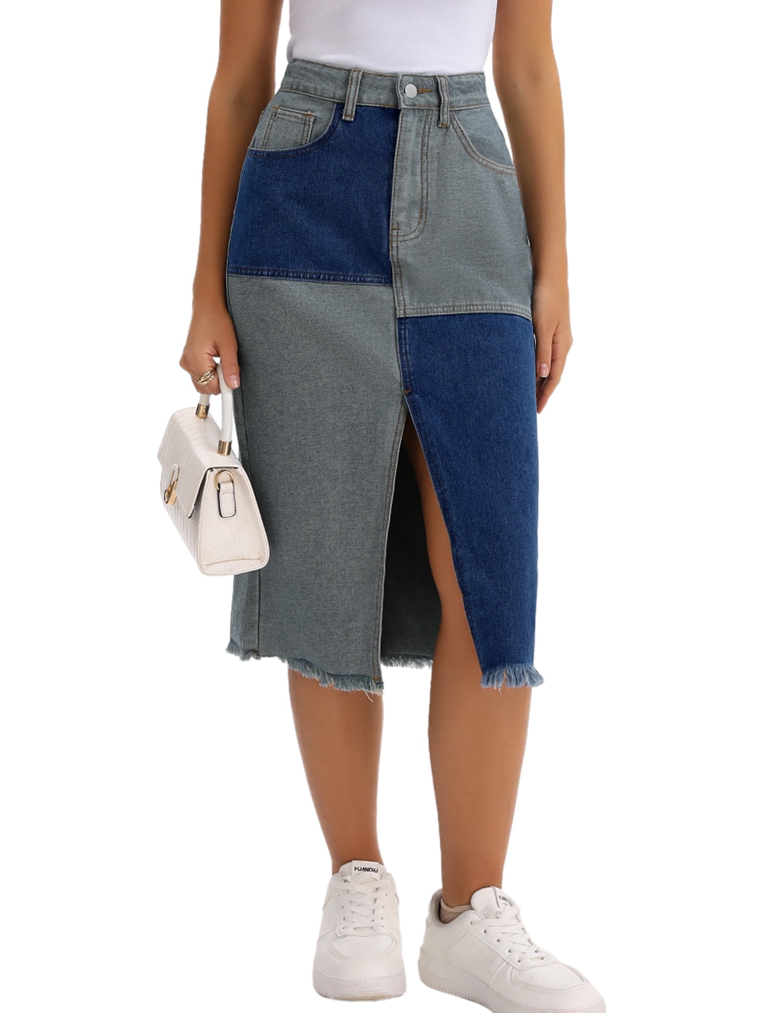 DARING DIVA Women's Raw Hem Midi Jean Skirts with Slit X-Large Blue
