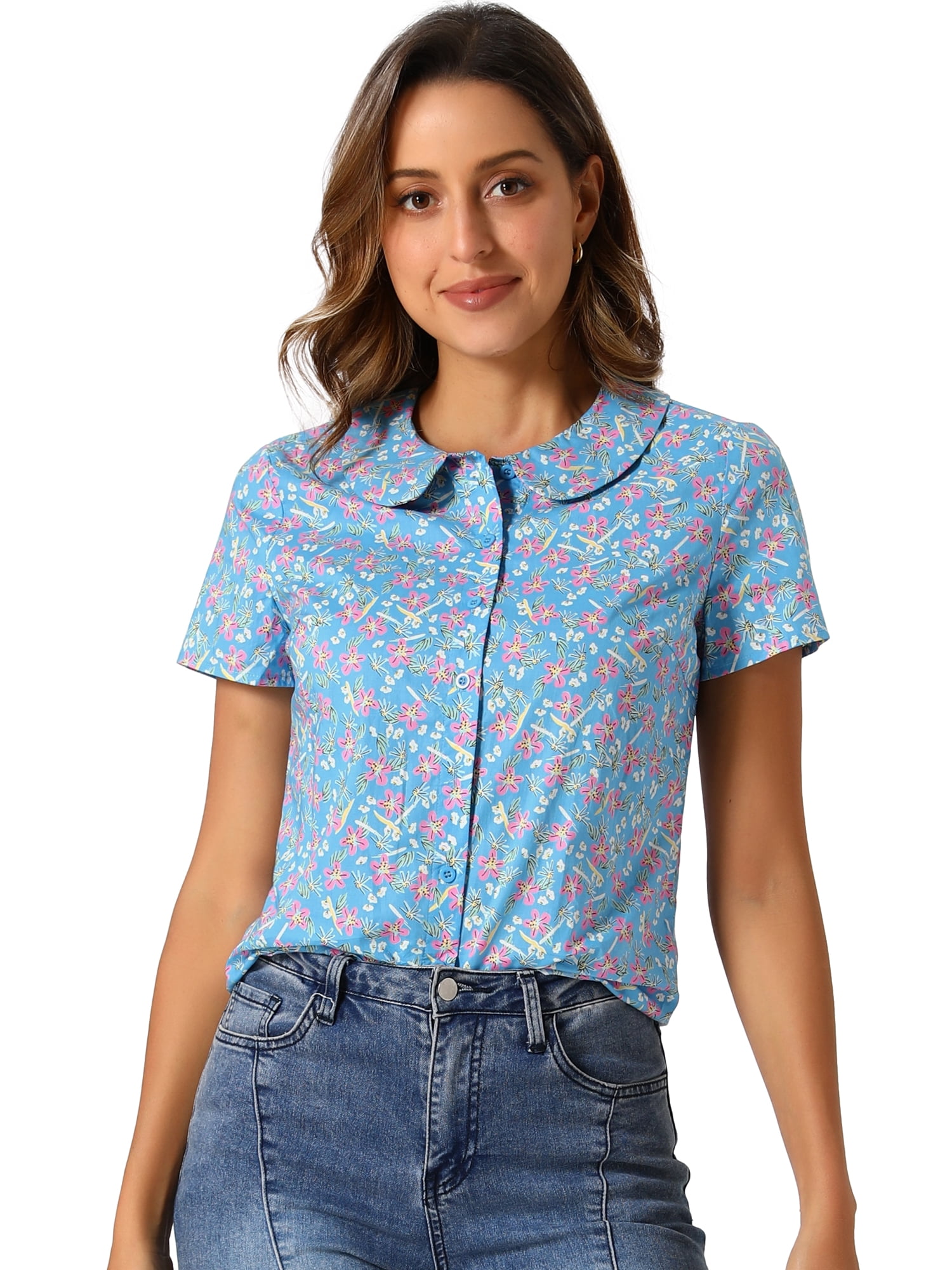 DARING DIVA Women's Retro Peter Pan Collar Button Front Blouse L Blue Gray