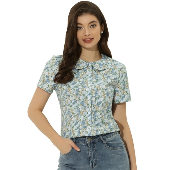 DARING DIVA Women's Retro Peter Pan Collar Button Front Blouse M Blue