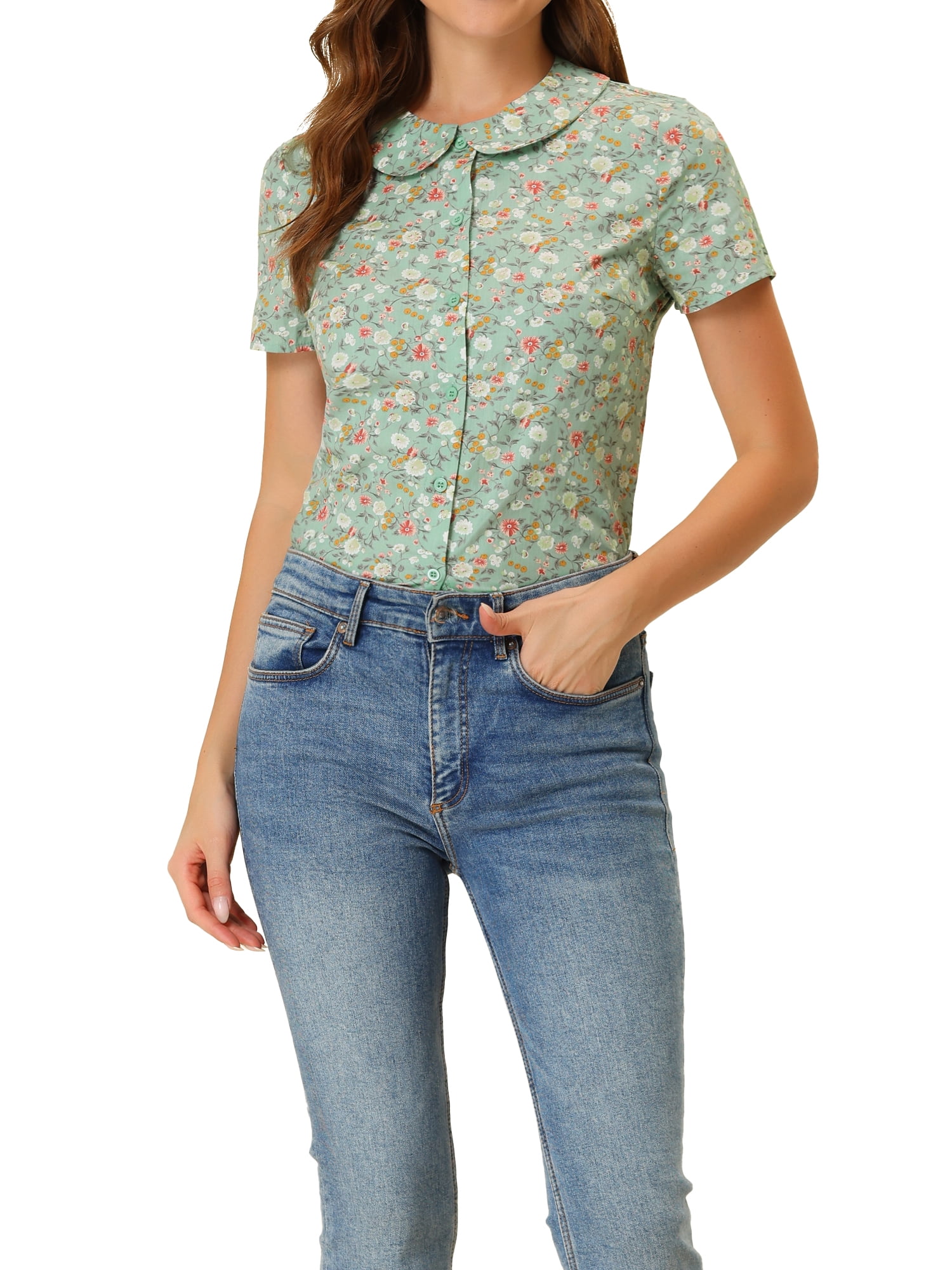 DARING DIVA Women's Retro Peter Pan Collar Button Front Blouse M Green