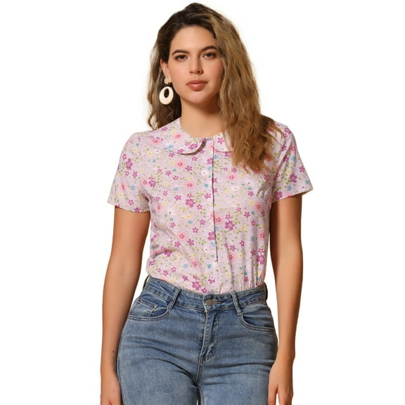 DARING DIVA Women's Retro Peter Pan Collar Button Front Blouse M Light Pink