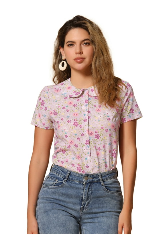 Women's Retro Peter Pan Collar Button Front Blouse M Light Pink