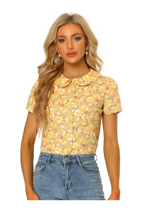 Women's Retro Peter Pan Collar Button Front Blouse M Yellow