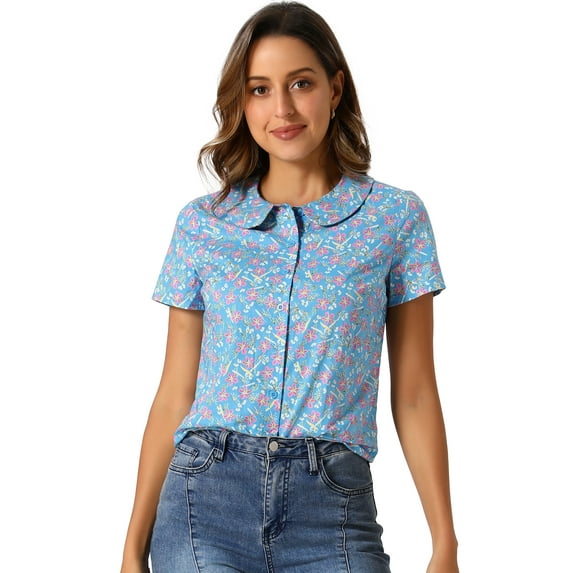 DARING DIVA Women's Retro Peter Pan Collar Button Front Blouse S Blue Gray