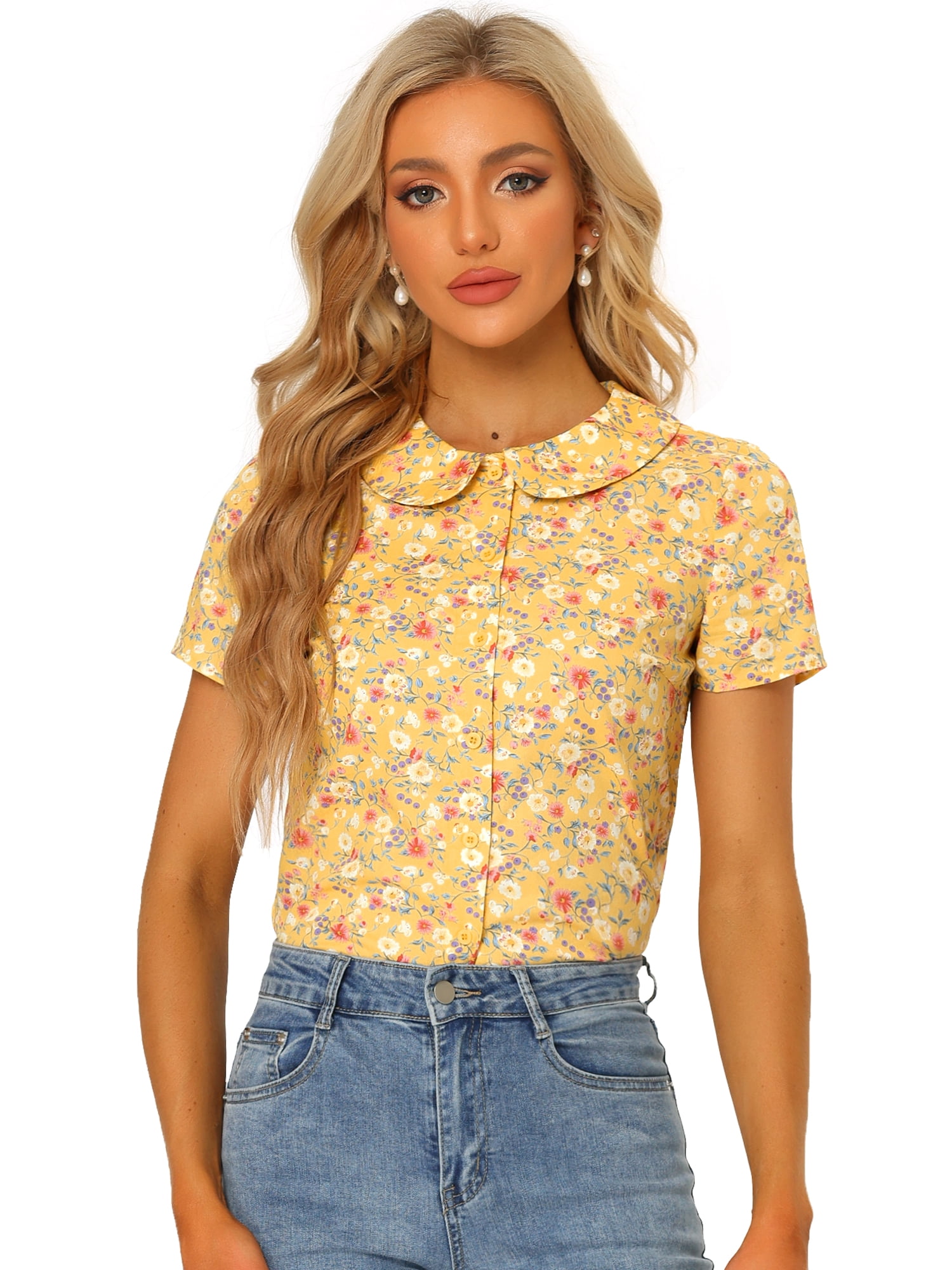DARING DIVA Women's Retro Peter Pan Collar Button Front Blouse XL Yellow