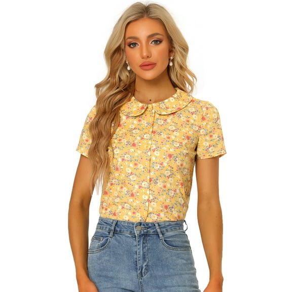 DARING DIVA Women's Retro Peter Pan Collar Button Front Blouse XL Yellow