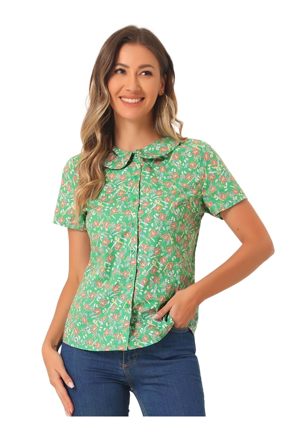 Women's Retro Peter Pan Collar Floral Print Blouses M Green Pink