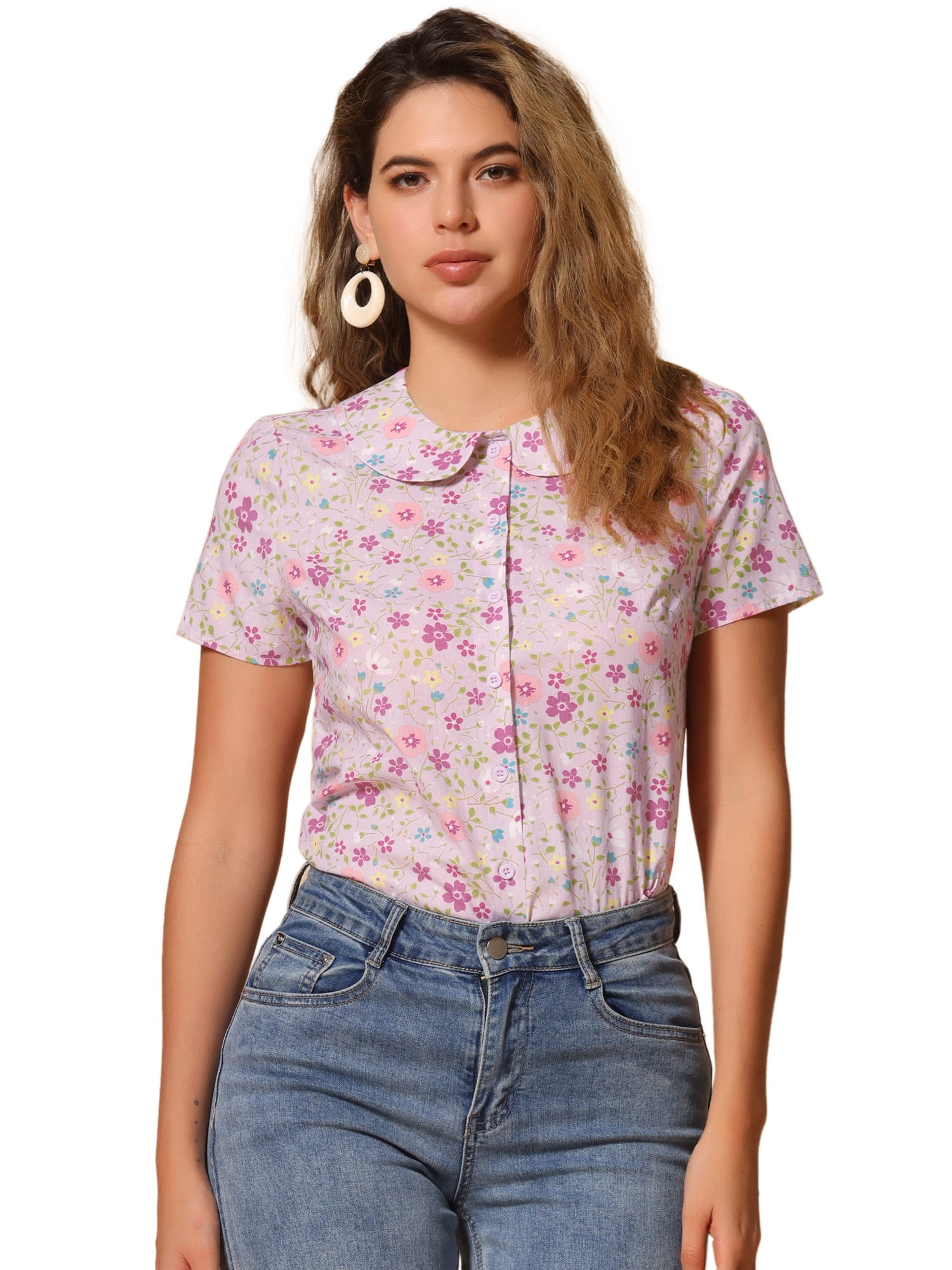 DARING DIVA Women's Retro Peter Pan Collar Floral Print Blouses XS Light Pink