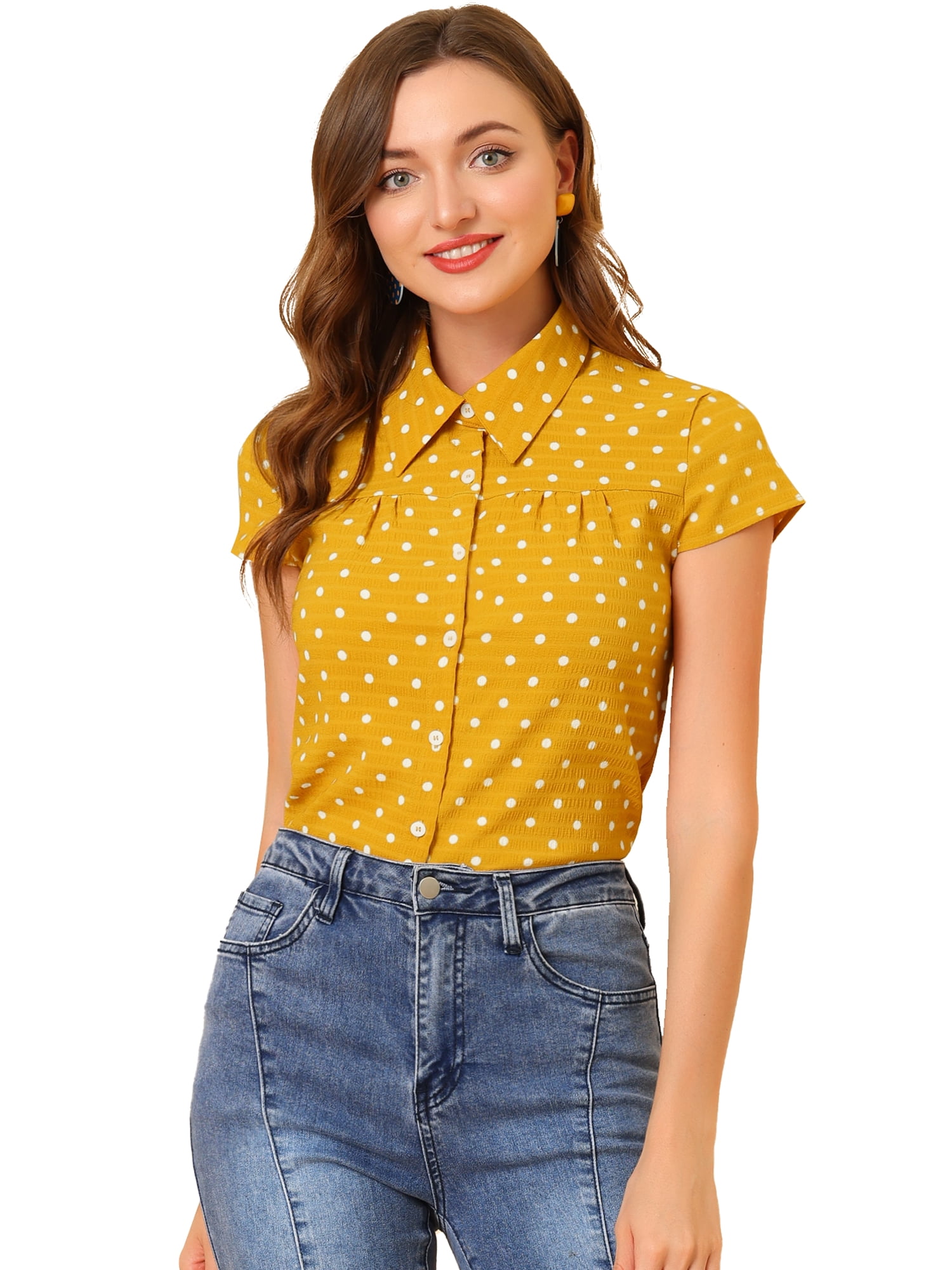 DARING DIVA Women's Retro Point Collar Short Sleeve Polka Dots Shirts 3XL Yellow