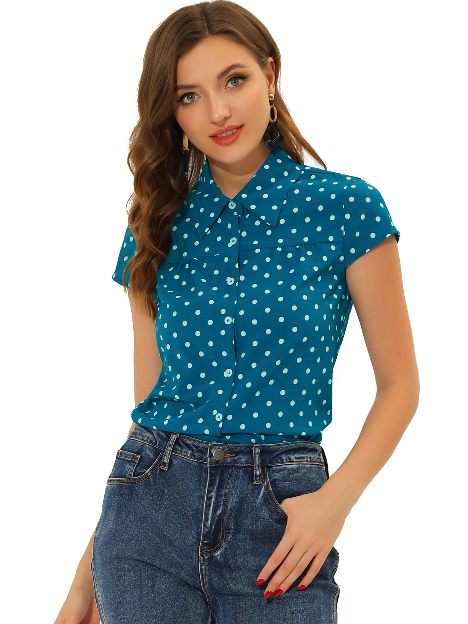 DARING DIVA Women's Retro Point Collar Short Sleeve Polka Dots Shirts L Lake Blue