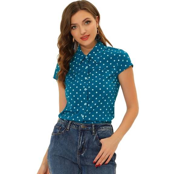 DARING DIVA Women's Retro Point Collar Short Sleeve Polka Dots Shirts M Lake Blue