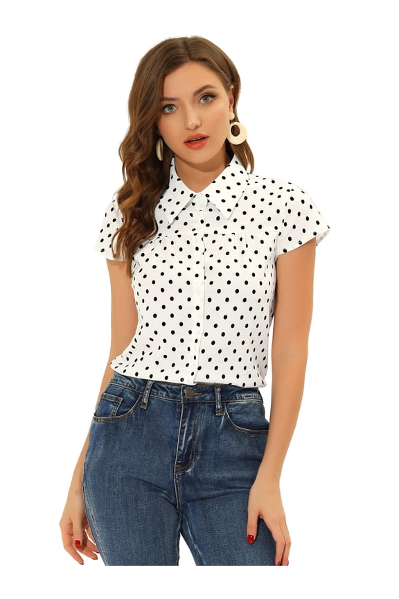Women's Retro Point Collar Short Sleeve Polka Dots Shirts S White