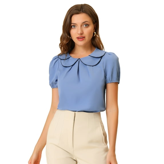 DARING DIVA Women's Retro Puff Sleeve Peter Pan Collar Blouse Top S Blue