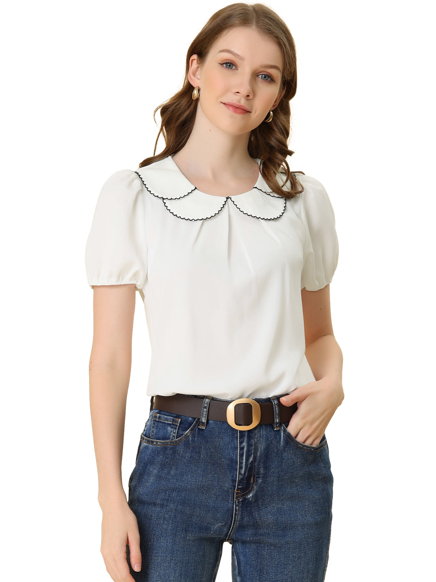 DARING DIVA Women's Retro Puff Sleeve Peter Pan Collar Blouse Top S White